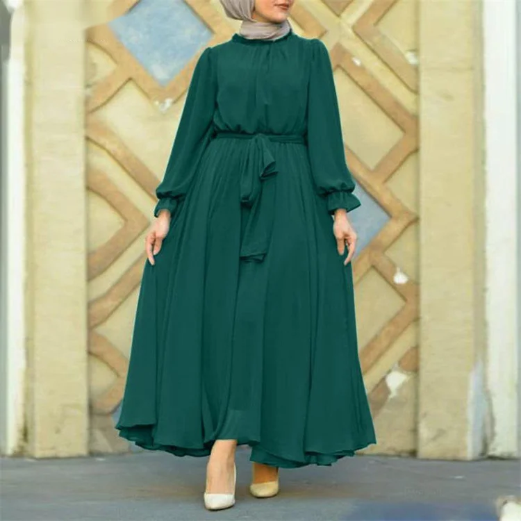 Muslim Casual Holiday Loose Bohemian Buttons Vestidos Women Long Sleeved Dress Side Pockets Kaftan Robes Dresses
