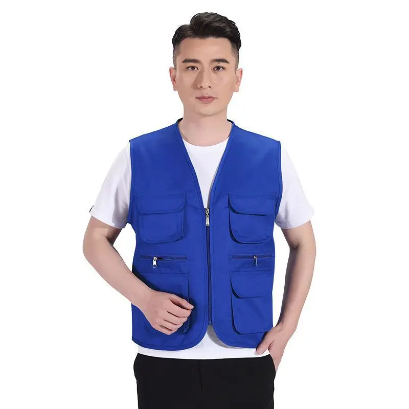 Jinteng Custom Logo Utility Reporter Multi Pocket Fishing Solid Workwear Uniform Cargo Vest for Outdoor Polyester Zip up Vest
