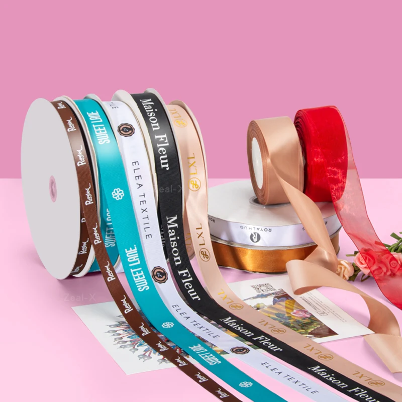 Luxury Custom Polyester Satin Ribbon Rolls 100 yard/roll Silk Screen Printing Gift Ribbons for Packaging Gift Box
