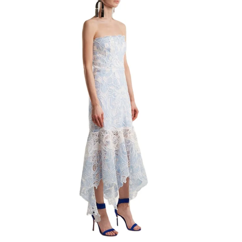 New Lace Embroidered Backless Long Wedding Evening Dress Asymmetric Corset Dress