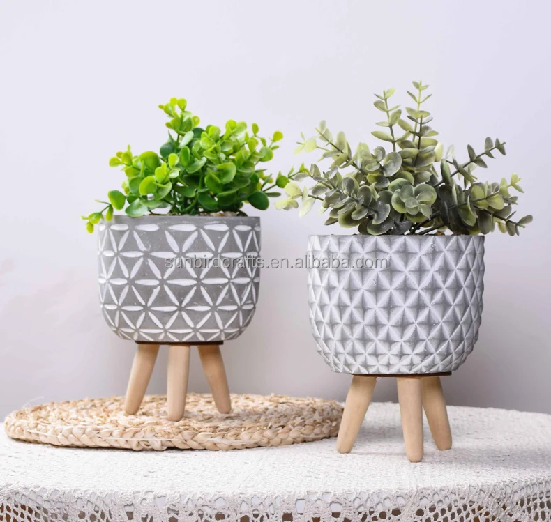 Wholesale Country Retro Cement Planter Embossed Potted Office Desktop Concrete Flower Pot with Tripod Wooden Stand Holder