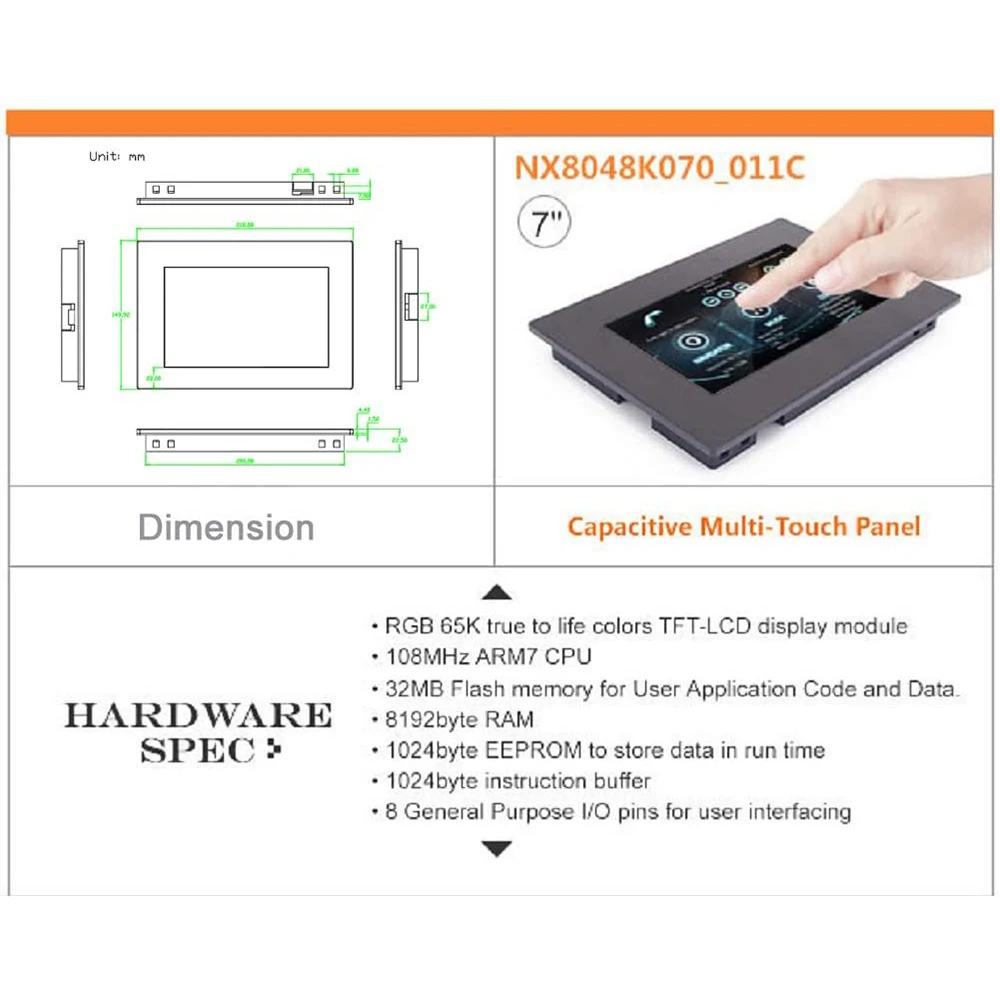 7 inch Enhanced NX8048K070-011C HMI Capacitive Touch Screen TFT LCD Display 800x480 with Enclosure Case for Arduino Raspberry Pi