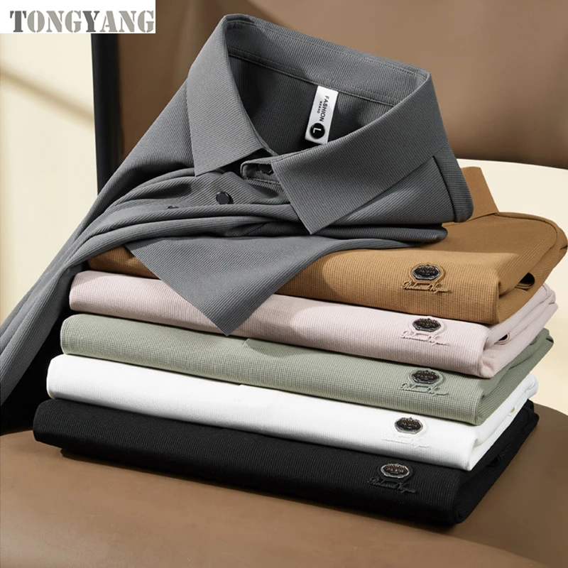 TONGYANG Summer High Quality Men high-end free ironing elastic drape waffle T-shirt Seamless glue short-sleeved Golf polo shirt