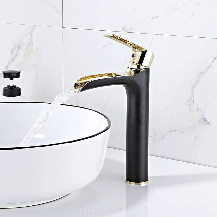 YUNDOOM OEM Tall Size Contemporary Griferia Grifo Bathroom Deck Mounted Waterfall Gold Black Brass Washroom Sink Basin Faucets