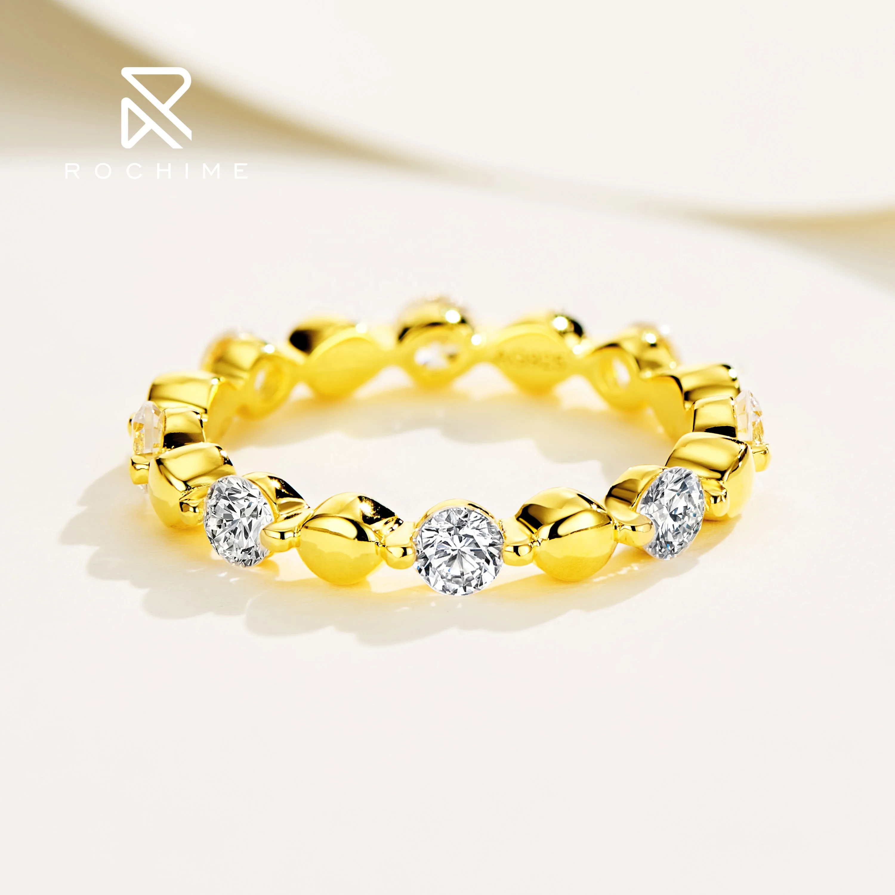 Rochime  vintage eternity band yellow gold plated S925 silver ring luxury fine jewelry for female