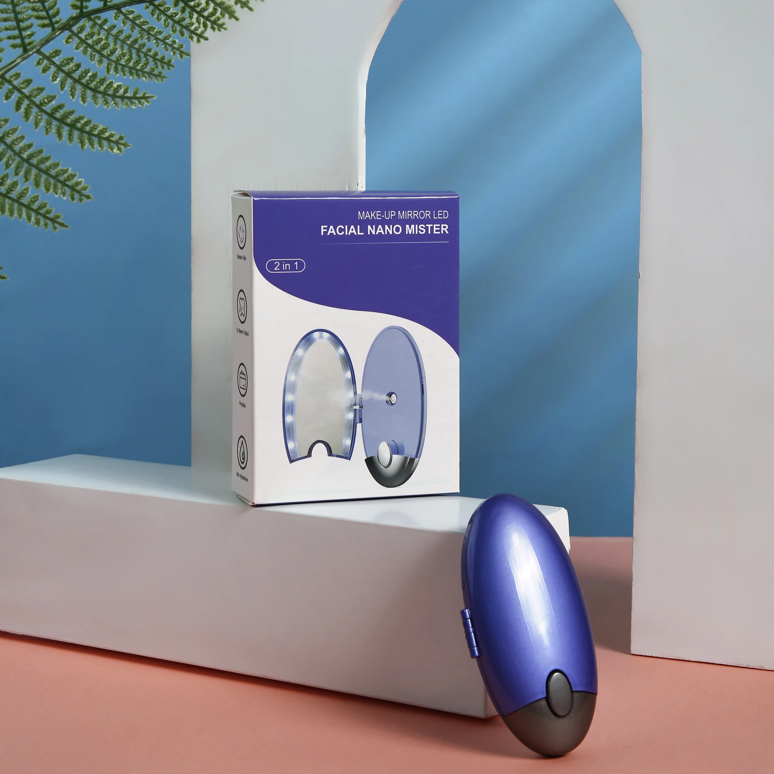 Travel Use Handheld 2 in 1 Facial Makeup Mirror With Facial Steamer Led Light Makeup Tool Nano Facial Mist Sprayer