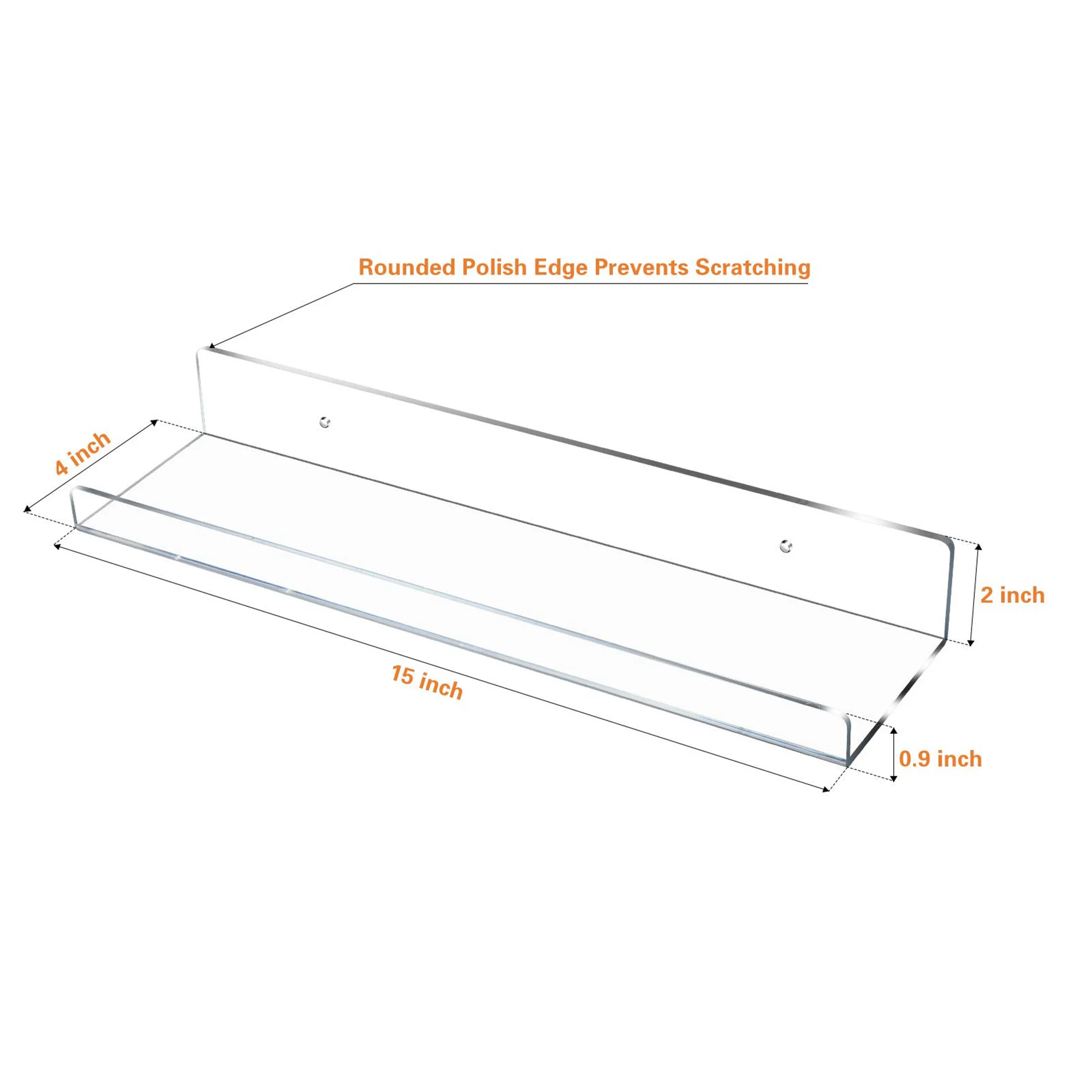 Floating shelf 15 inches (about 38.1 cm) acrylic wall edge shelf transparent 4-piece display bookshelf