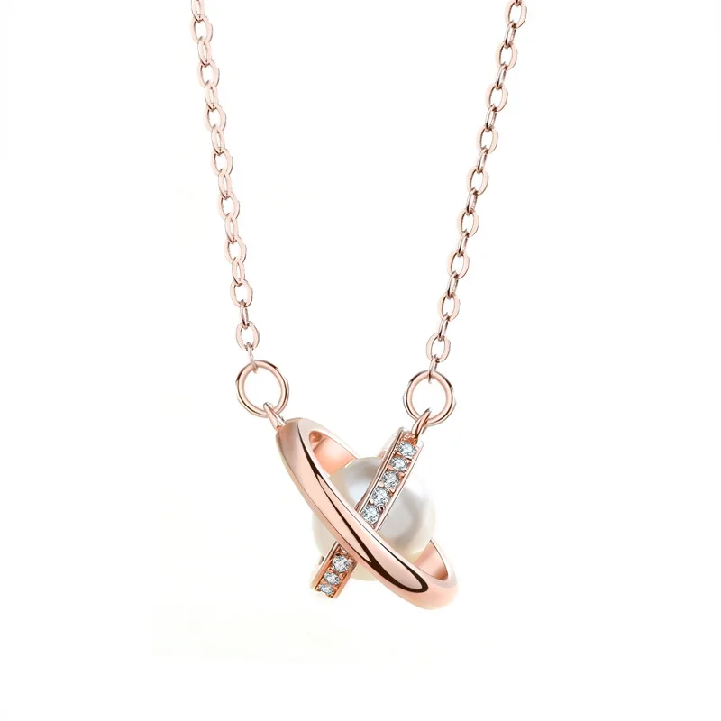 925 Sterling Silver Rotating Planet Zircon Necklace Shell Pearl Pendant Concentric Circle Clavicle Chain Necklace Jewelry