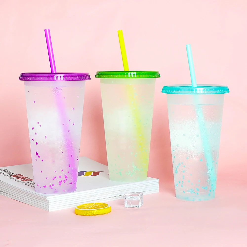 Coffee bubble tea color changing water smoothie drinking plastic reusable cold cups with lids and straws