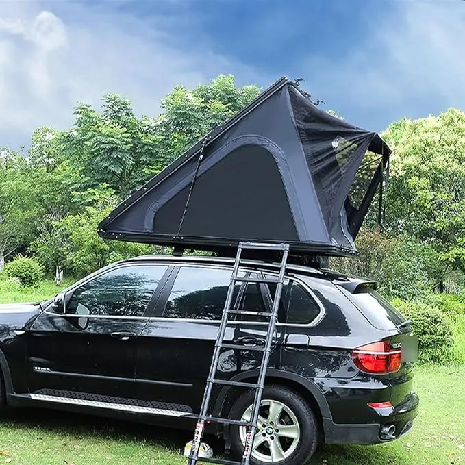 Yescampro Camping Aluminum 4 Person Top Roof Tent, Triangle Car Rooftop Tent Clamshell Black Gray Hard Shell Roof Top Tent