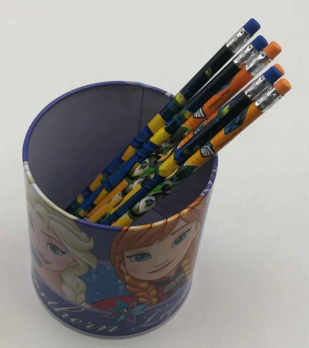 kids round  cartoon tin metal container pen holder tin metal pencil case metal tin pen container