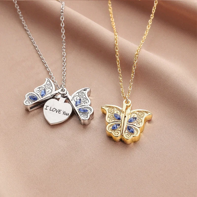 2024 New Silver Gold Plated Diamond Butterfly Hidden I Love You Necklace Love Album Photo Box Pendant Necklace For Women Jewelry