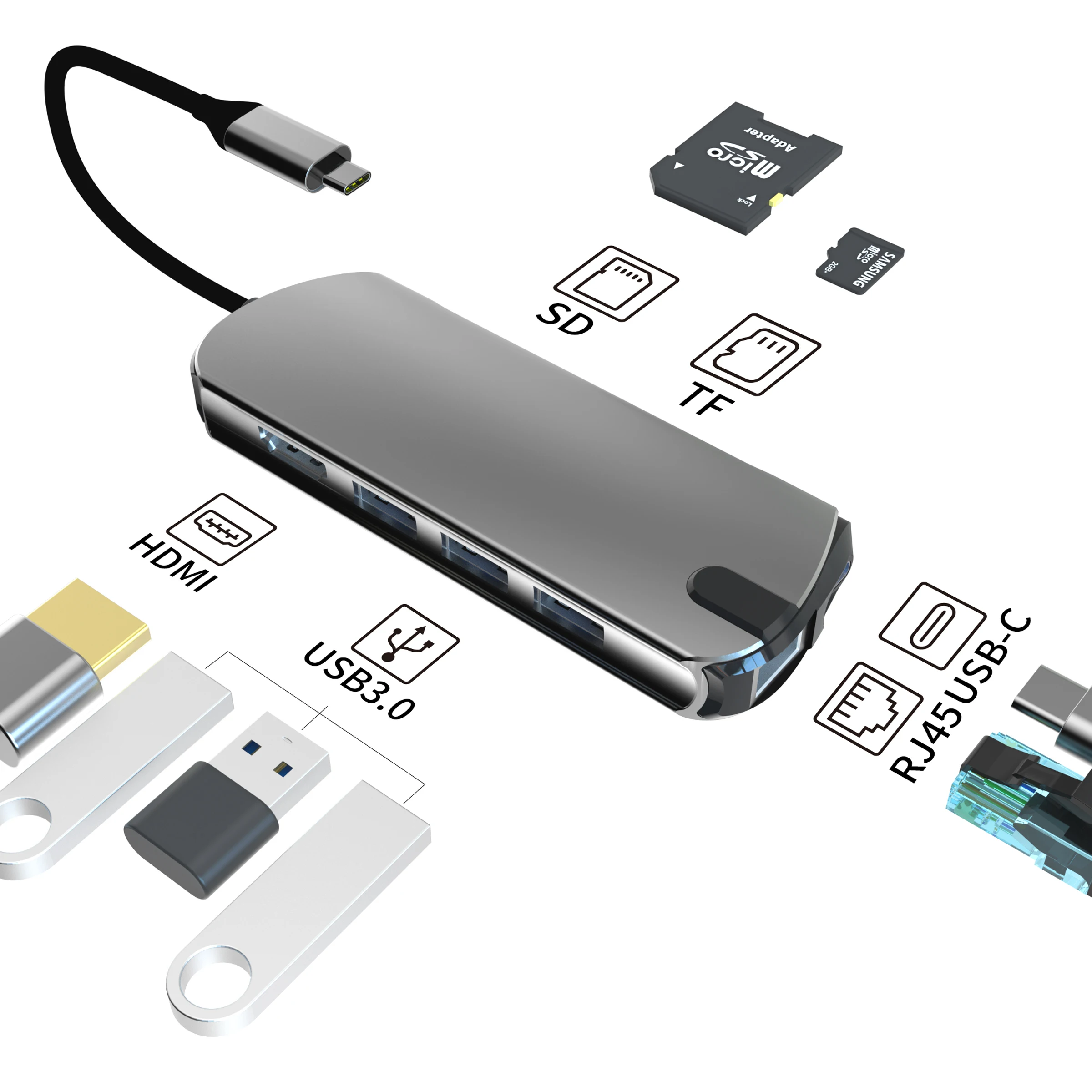 Usb c Адаптер hub 8 в 1 Тип отложным воротником USB3.0 * 3 HD-MI SD TF RJ45 PD • горячая распродажа