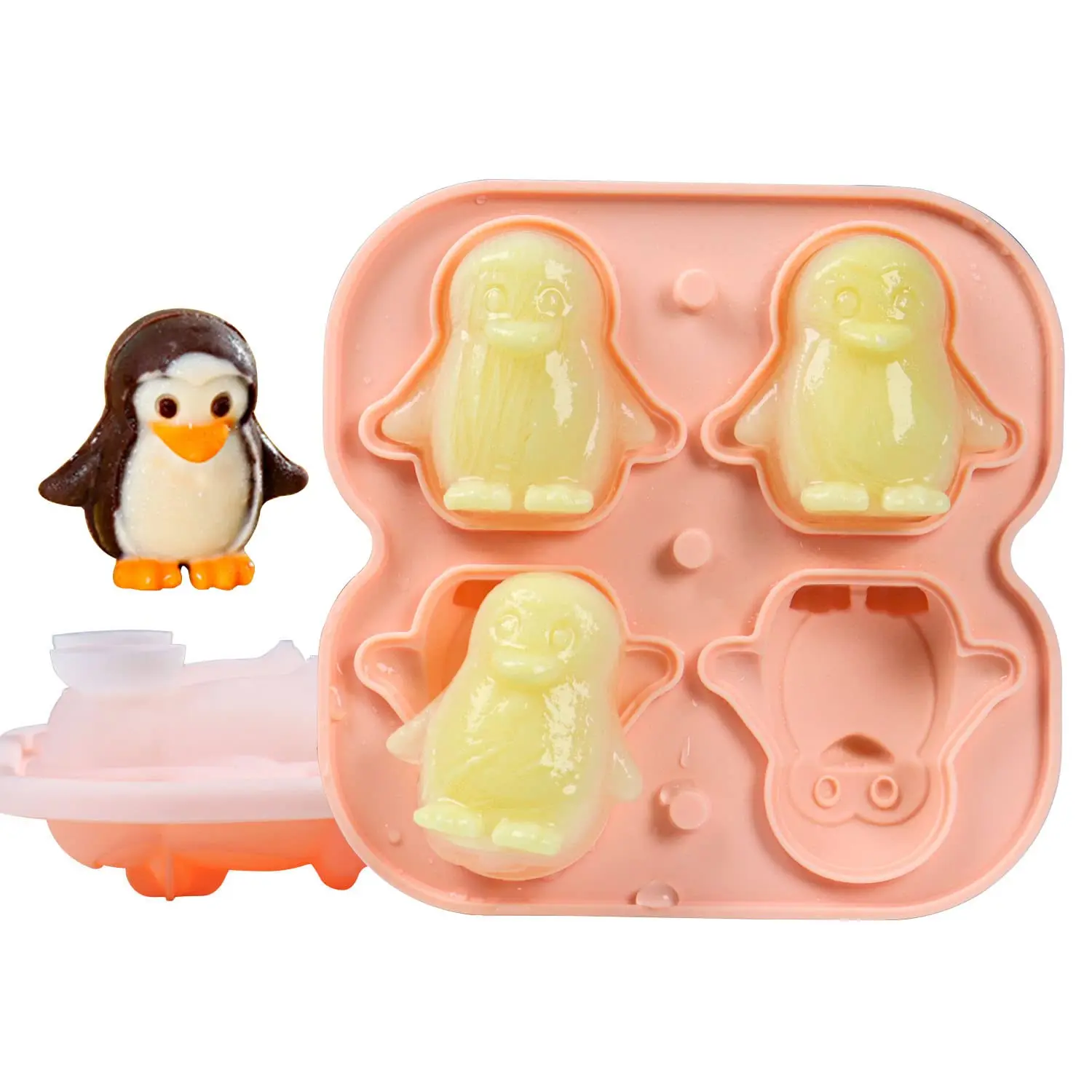 Food Grade Silicone Ice Mold with Clear Funnel-type Lid 3D Penguin Ice Cube Mold, Penguin Shape Ice Cube Tray