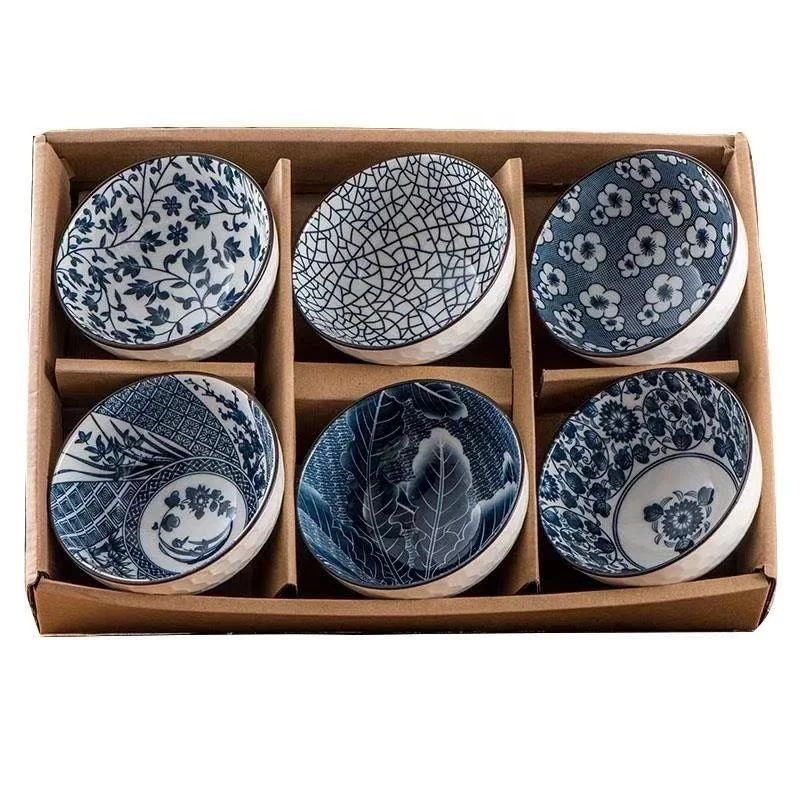 4.5inch Natural Healty Japanese Ceramic Bowl Gift Set Blue and White Porcelain Bowl