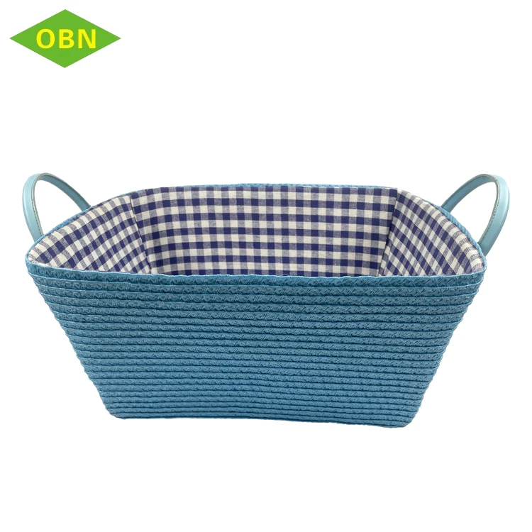 Home sundries storage cheap blue color neatening sewing pp straw basket with PU handles