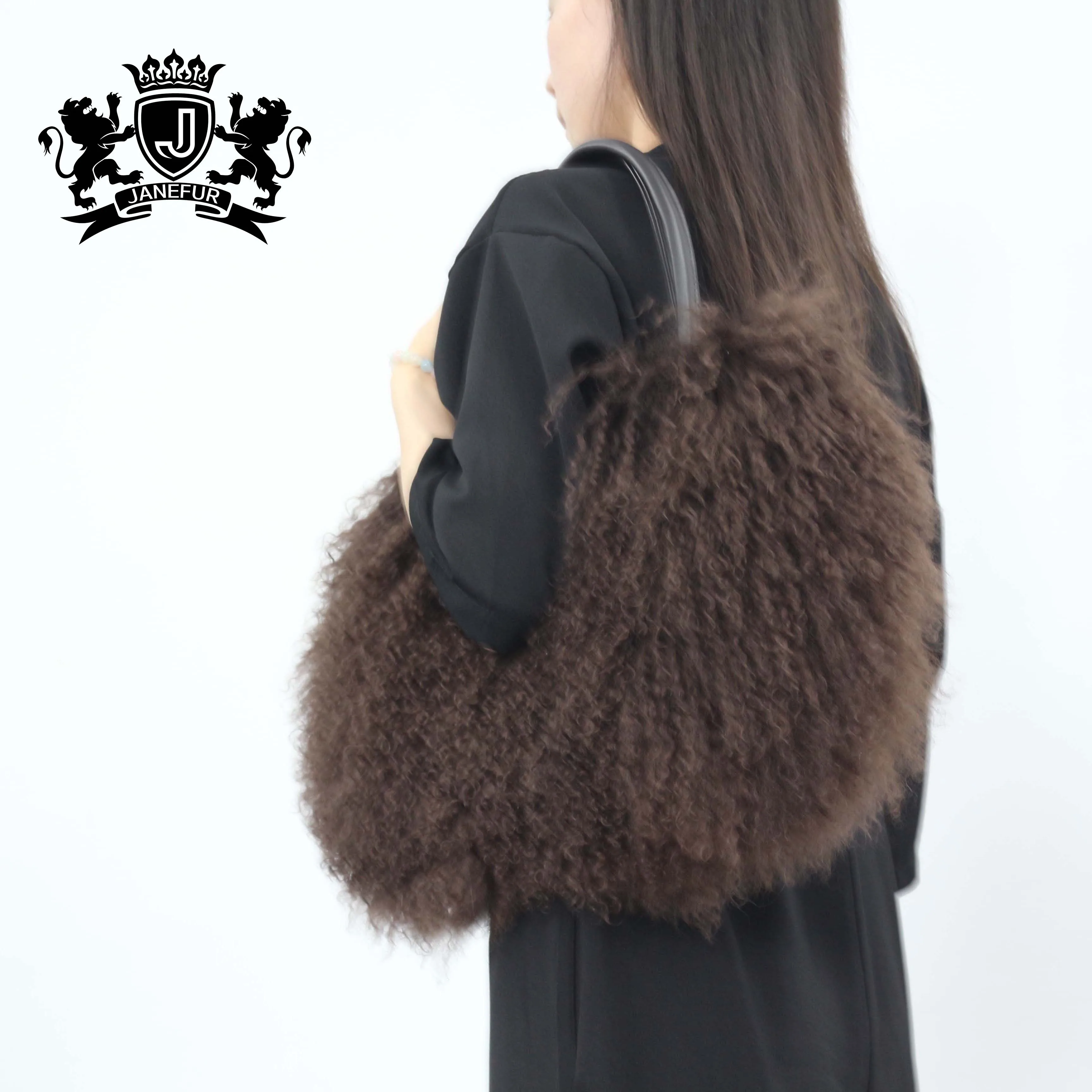 Factory Direct Wholesale Lady Fashion Handbag Black Mongolian Lamb Fur Bag
