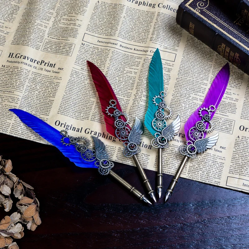 High quality popular comic pen feather fountain pen gift set mechanical punk quill pen (5nibs)