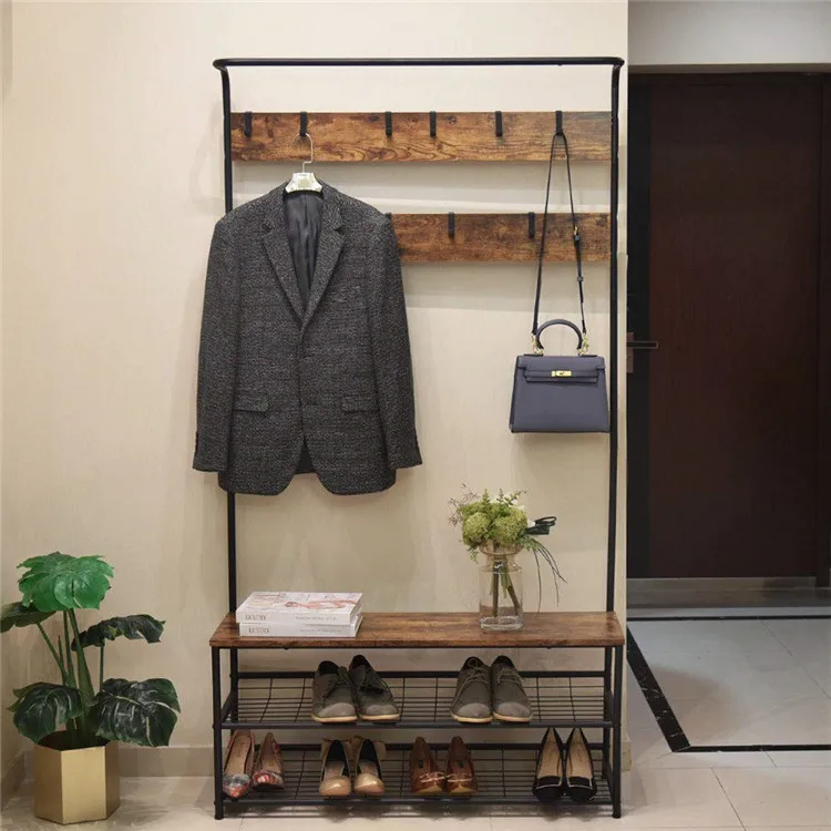 Metal Frame Hall Tree Stand Industrial Hallway Coat Tree Wooden Coat Rack With Shoe Storage