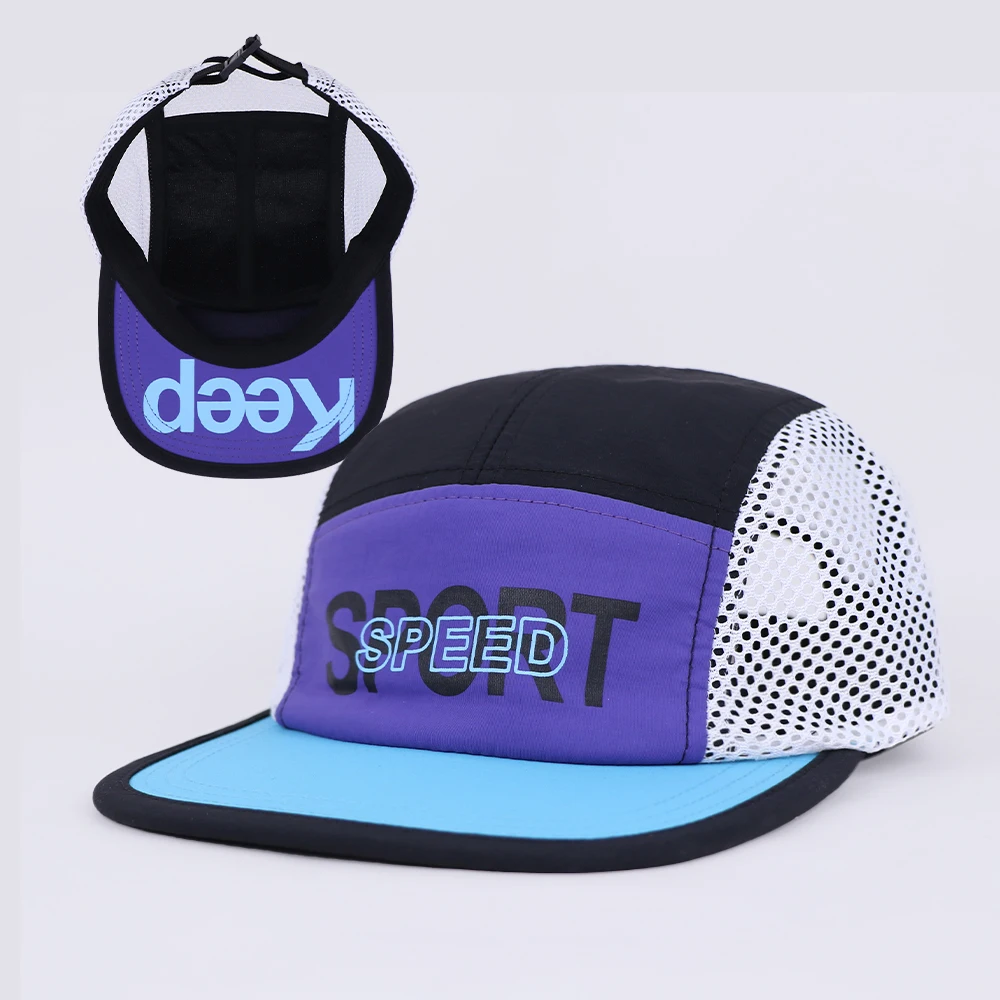 custom logo wholesale nylon polyester mesh print logo 5 panels hat running camp caps