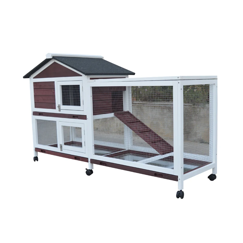 Maroon&White Wooden Rabbit House with Wheels and 3 Trays