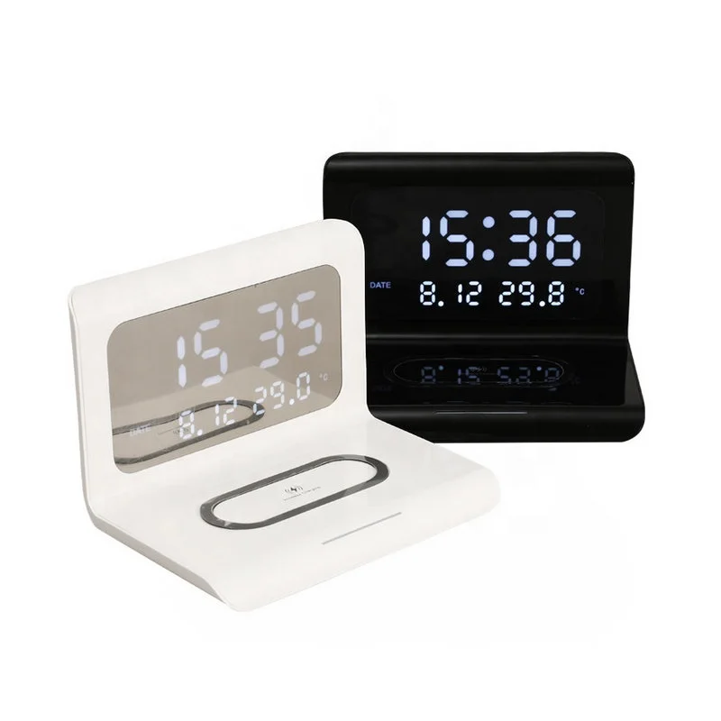 LED Digital Display Alarm Clock With Wireless Phone Charging New Design 10W Wireless Charger With Calendar Temperature Display