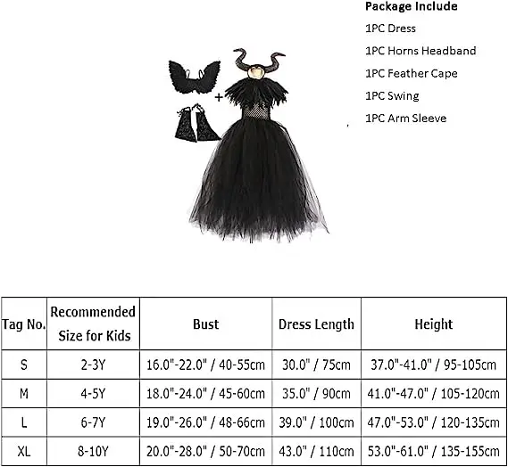 Costume for Kids Girls Evil Queen Fancy Dress Black Princess Tutu Dress Horns Accessories Child Magic Wizard Halloween Costumes