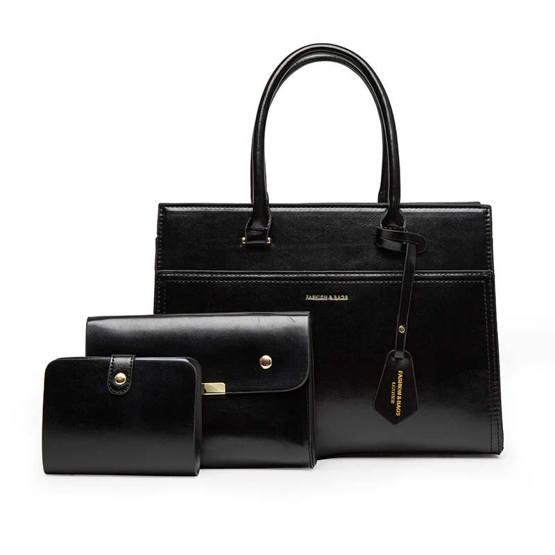 2022 Latest Design Oil Wax PU Leather Luxury 3pcs Women Handbag Set  Large Tote Bag For Ladies