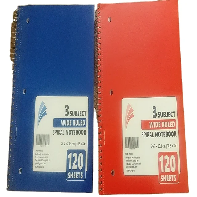 Three Subject Spiral Notebooks 120 sheets with microperforated texts and 3 hole punch