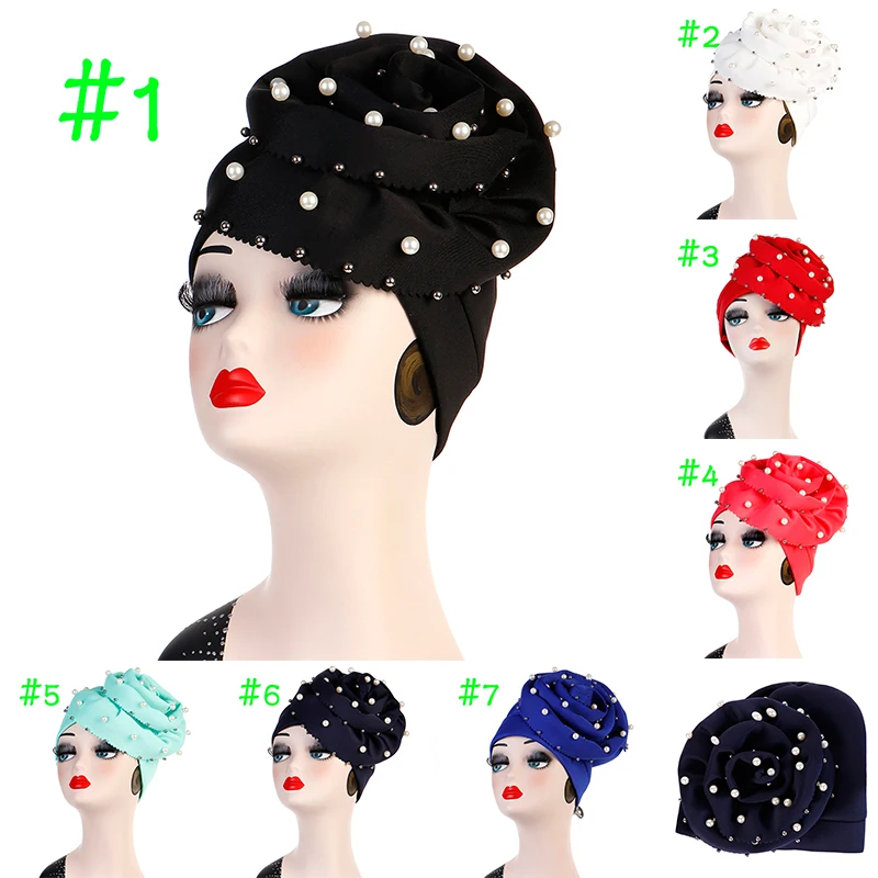 Indonesia Fashion Muslim Women Solid Color Space Cotton Big Flower Pearl Baotou Cap