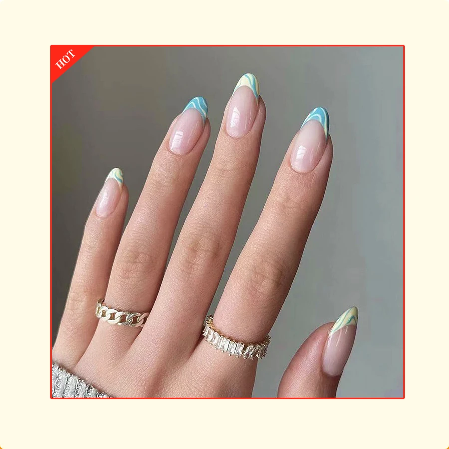 Mixed color yellow and blue swirl french tips nails glossy natural nude almond full cover press on nails faux ongles