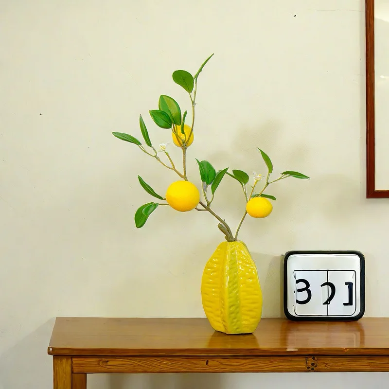 Modern Art Deco Ceramic Vase Unique Starfruit Shape in Bright Yellow Glaze Fruit-Inspired Decorative Home Pottery