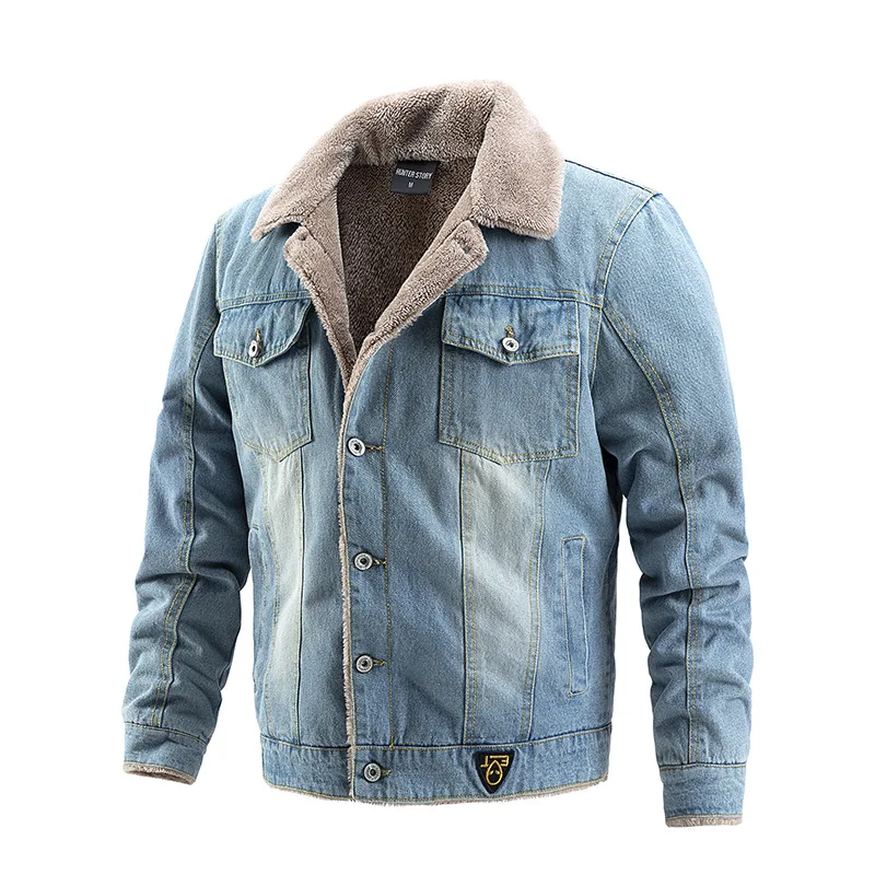 2022 Custom Wholesale Winter Blue Fleece Warm Casual Jeans Jacket For Men Denim Jacket