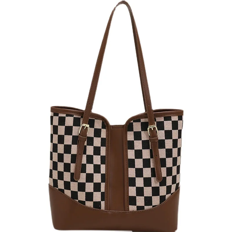 Women Vintage Lattice Floral Printing Leather Single Shoulder Bag Large Capacity All Match Tote Bag Checkerboard Plaid Bag Purse