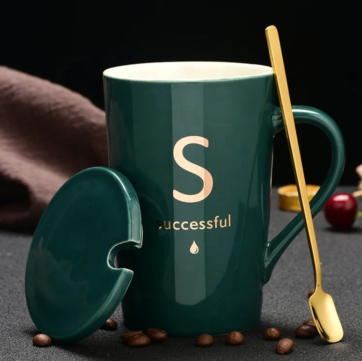 
Novelty design letter coffee tea porcelain ceramic mug with gold spoon 