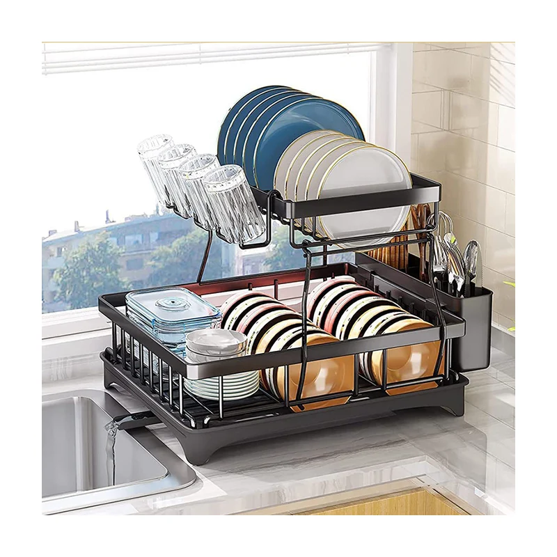 Detachable Multifunction Countertop Kitchen Dish Rack Drainer 2 Tier Dish Drying Rack Cutlery Drainer Dish Storage Holder