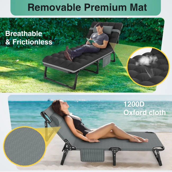 ZDC-11 5+2 Positions Adjustable Reclining Folding Camping Cot Sleeping Bed Cots for Adults Outdoor Portable Chaise Lounge Chair
