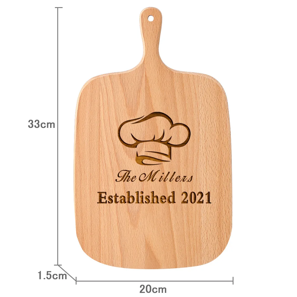 logo Custom Beech Wood Kitchen Engraved Pizza Cheese Serving Charcuterie Wooden Cutting Board with Handle