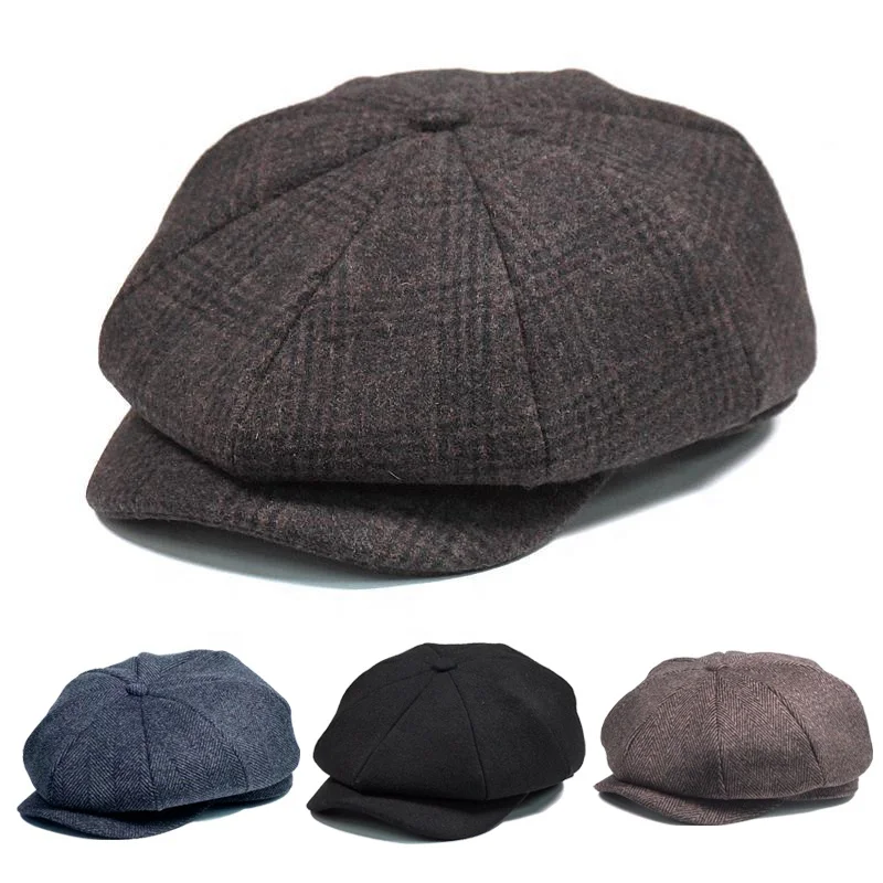Men Wearing Black Grey Wool Fabric Irish Beanie Beret Cap Ivy Newsboy Hat