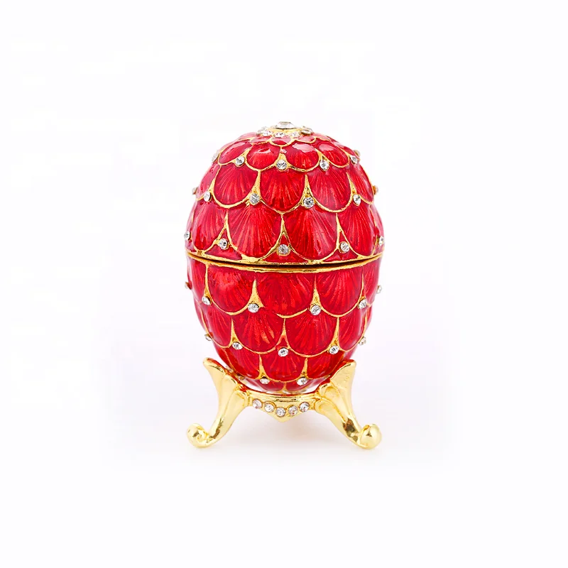 Fashion jewelry metal red enameled Faberge style russian egg trinket box