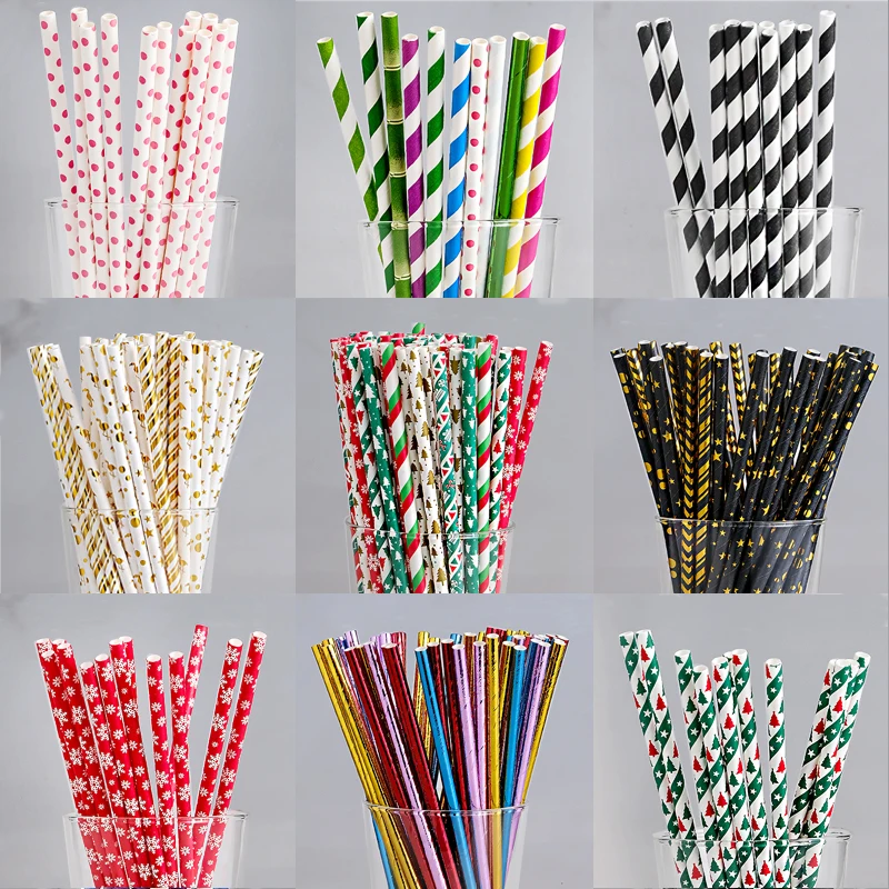 Wholesale custom printed Food Grade Disposable Colorful Striped Paper Drinking Straw Christmas Paper Straws
