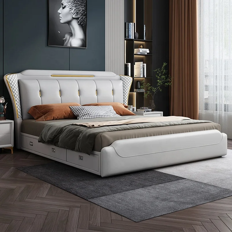 Modern master bedroom furniture minimalist double bed luxury queen leather bed king size sofa soft bed