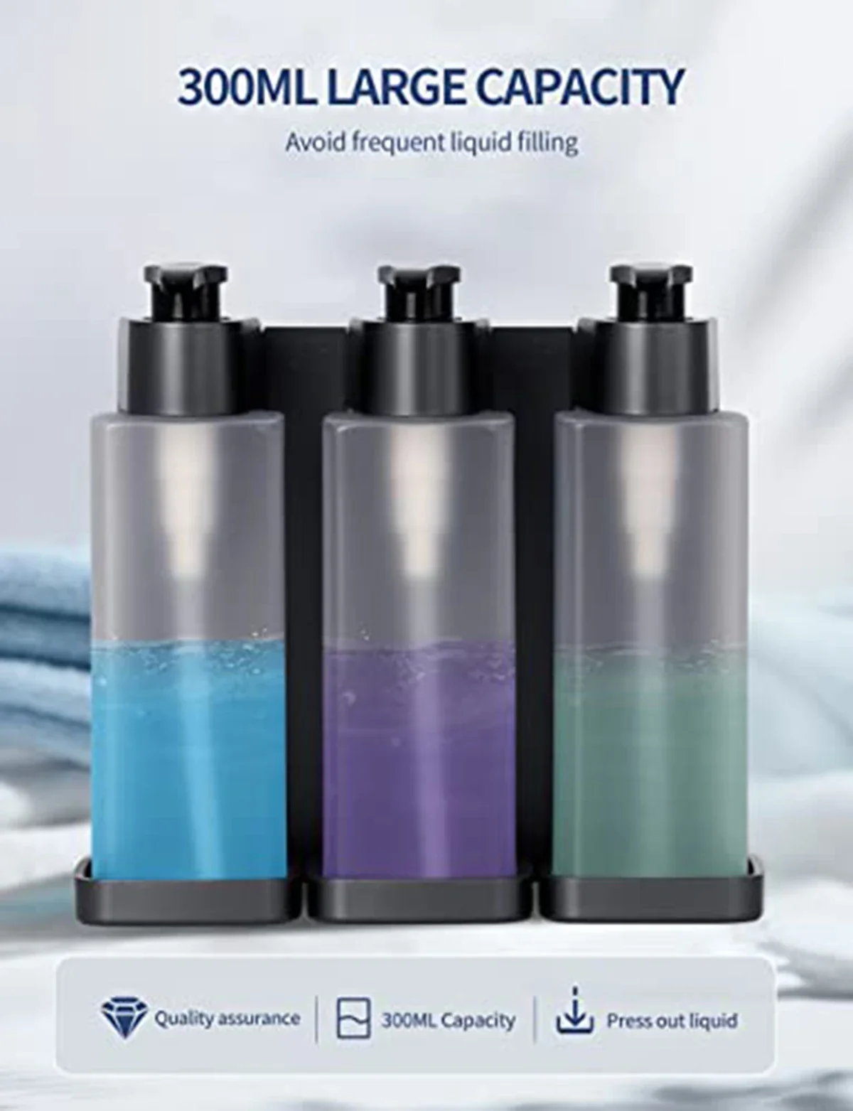 300ML Dispenser for Liquid Soap Shower Gel Hand Wash Dispenser Dish Soap Container Kitchen Bathroom Wall Mount Countertop