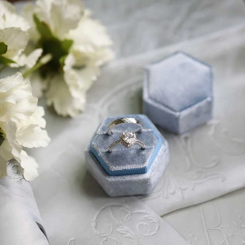 Hexagonal Jewellery Ring Boxes Velvet Double Ring Bracelet Necklace Proposal Gift packaging Box Custom Factory Stock Product