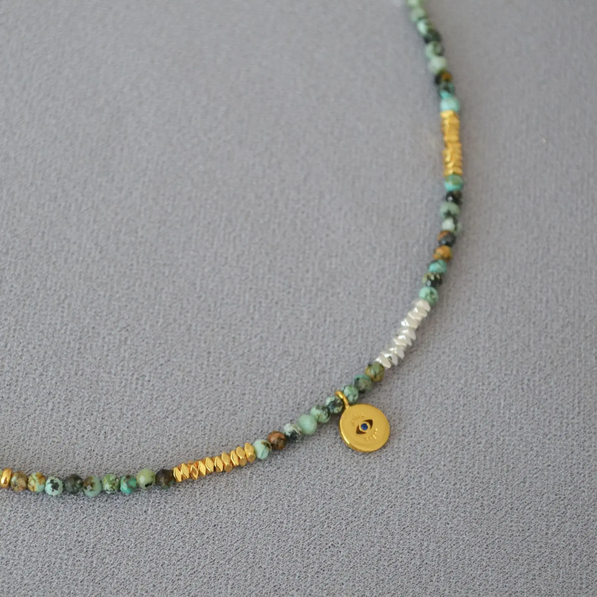 Vintage Turquoise Crushed Silver Beaded Necklace Personalized Turkish Eyes Brass Coin Pendant Stacking Necklace