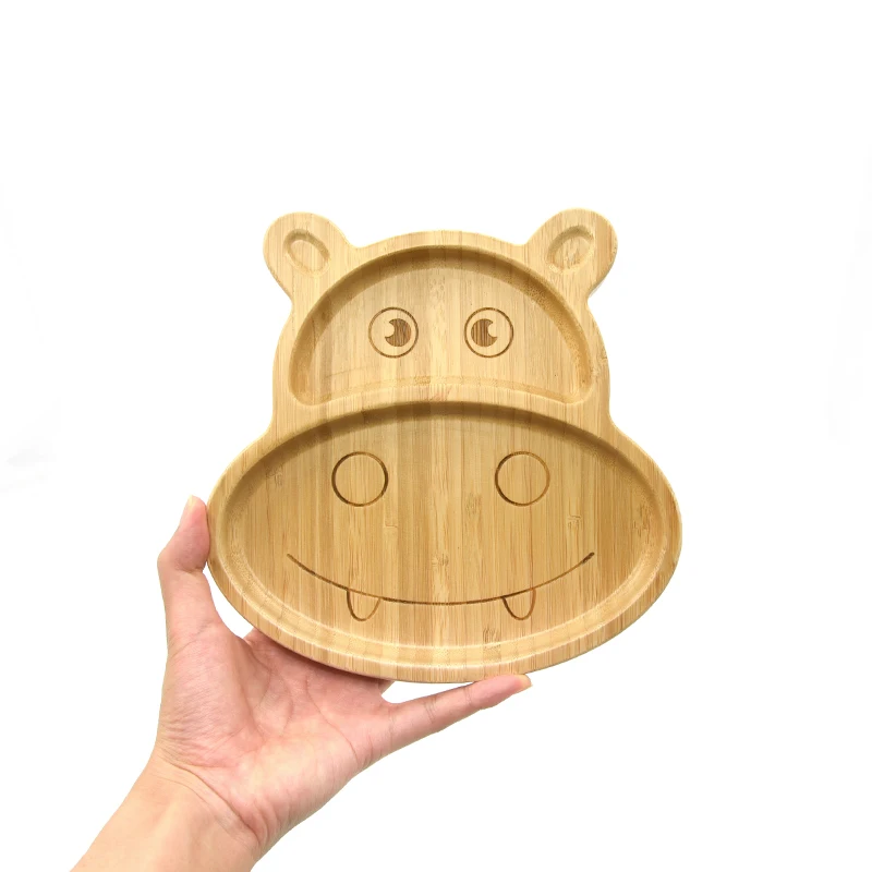 custom eco-friendly hippo shaped sucker baby bamboo plate with silicone suction tableware bamboo plate for Children