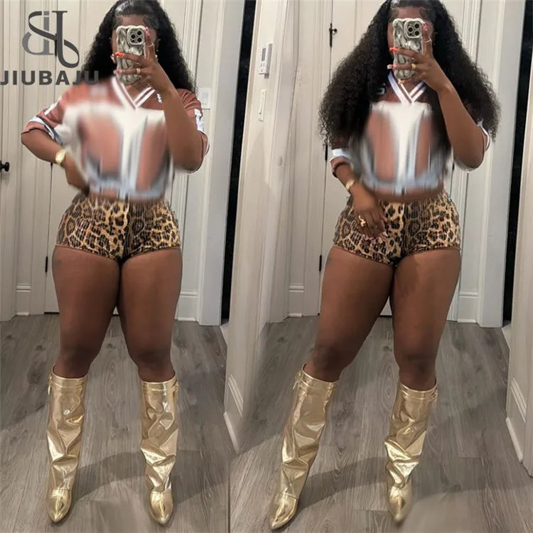 Fashion Y2K Basketball Tshirt Two Piece Sets Women V Neck Print Loose Top And Leopard Sequined Shorts Outfits