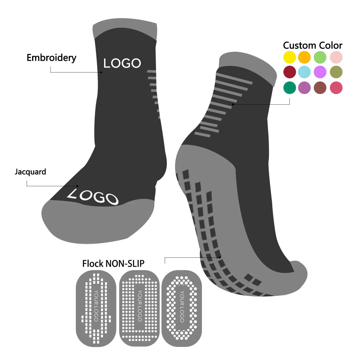 Men sports socks with all kind of colors high quality basketball soccer cotton embroidered print sock custom grip football socks