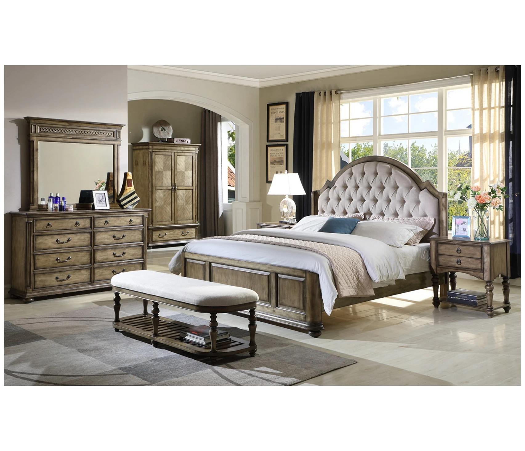 Hotel Bedroom Set American Style Guest House Classic Furniture Bedroom Set  Wood Night Stand Dresser Mirror Drawer Chest GD09