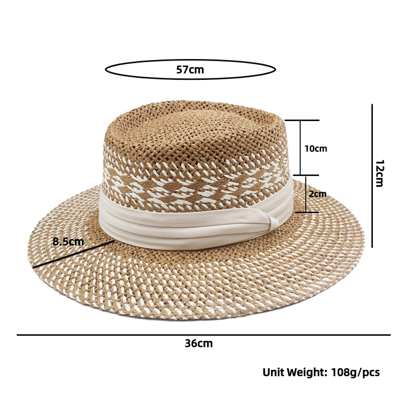 Vintage Womens Straw Boater Skimmer Hat Travel Wide Brim Sun Cap Variegated Summer Straw Beach Sun Hat